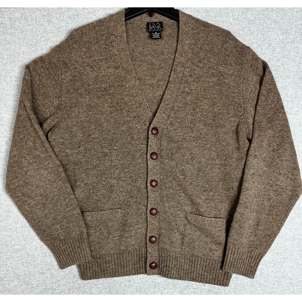 Jos A Bank Cardigan Sweater Mens M Brown Lambswool Blend Leather Buttons V-Neck